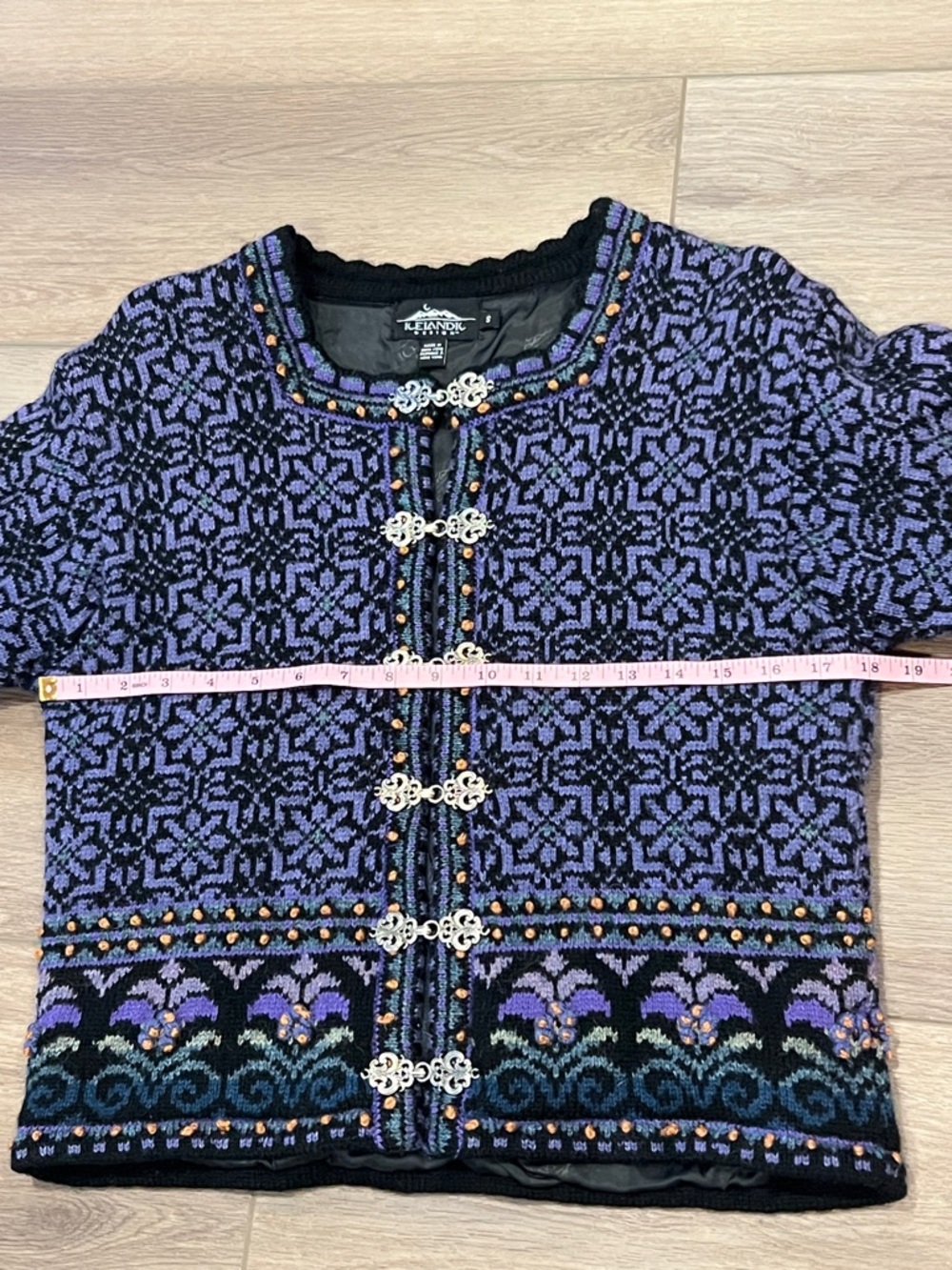 Women’s Icelandic Navy and Purple Patterned Wool Cardigan Sweater Size Small - Picture 6 of 15